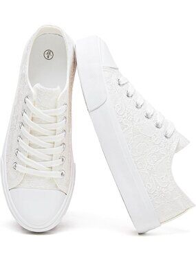 Women's White Comfortable Round Toe Low Top Canvas Lace-Up Casual Sneaker Shoes
